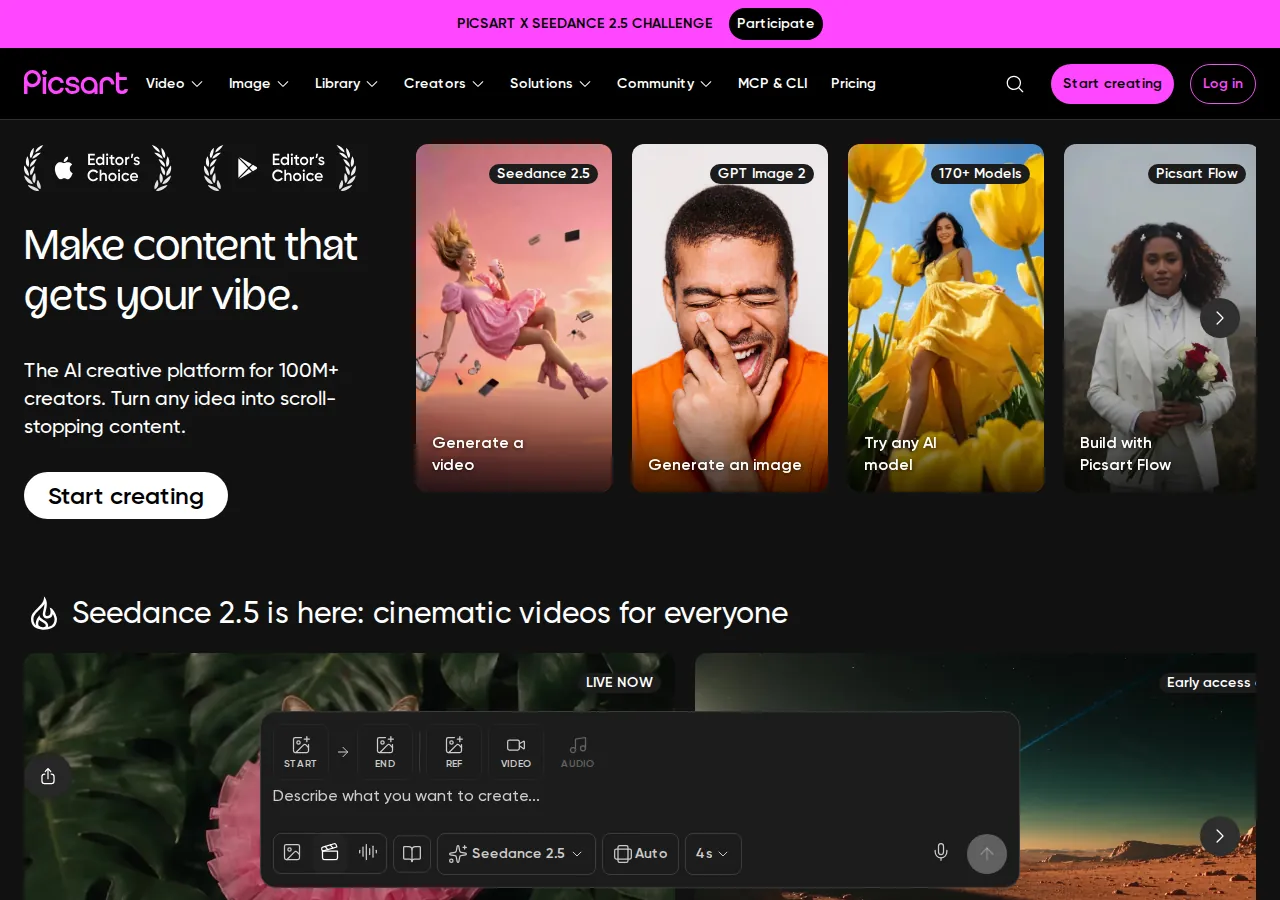Picsart 平台界面预览 - 首页界面示意